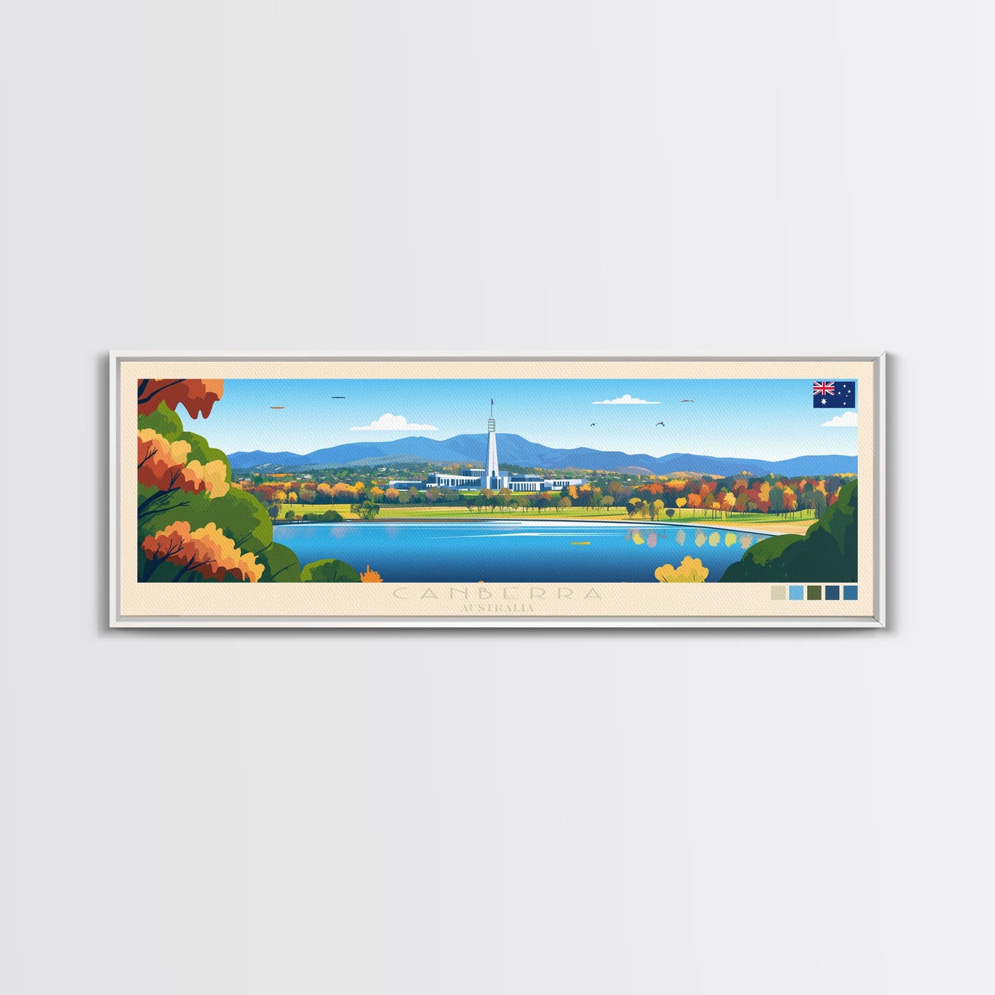 Canberra, Australia Panoramic Travel Poster Canvas Print, Canberra, Australia Painting, Australia Art, Canberra Travel Art, Guest Room Painting