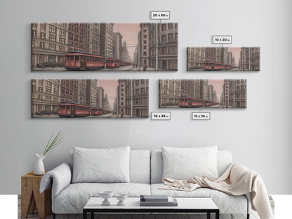 Colored Pencil Streetcar Urban Art Print, Red Train, Tram In The City, Sketch Art, City Art, Urban Print, Panoramic, Wall Art, Canvas Print