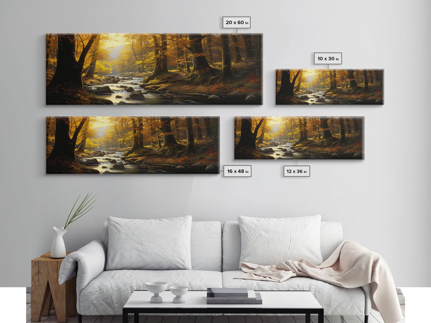 The Forest In The Autumn, Fall Centerpiece, Panoramic Painting Framed Canvas Print, Fall Decor, Orange Leaves Falling In The Forest