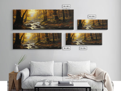 The Forest In The Autumn, Fall Centerpiece, Panoramic Painting Framed Canvas Print, Fall Decor, Orange Leaves Falling In The Forest