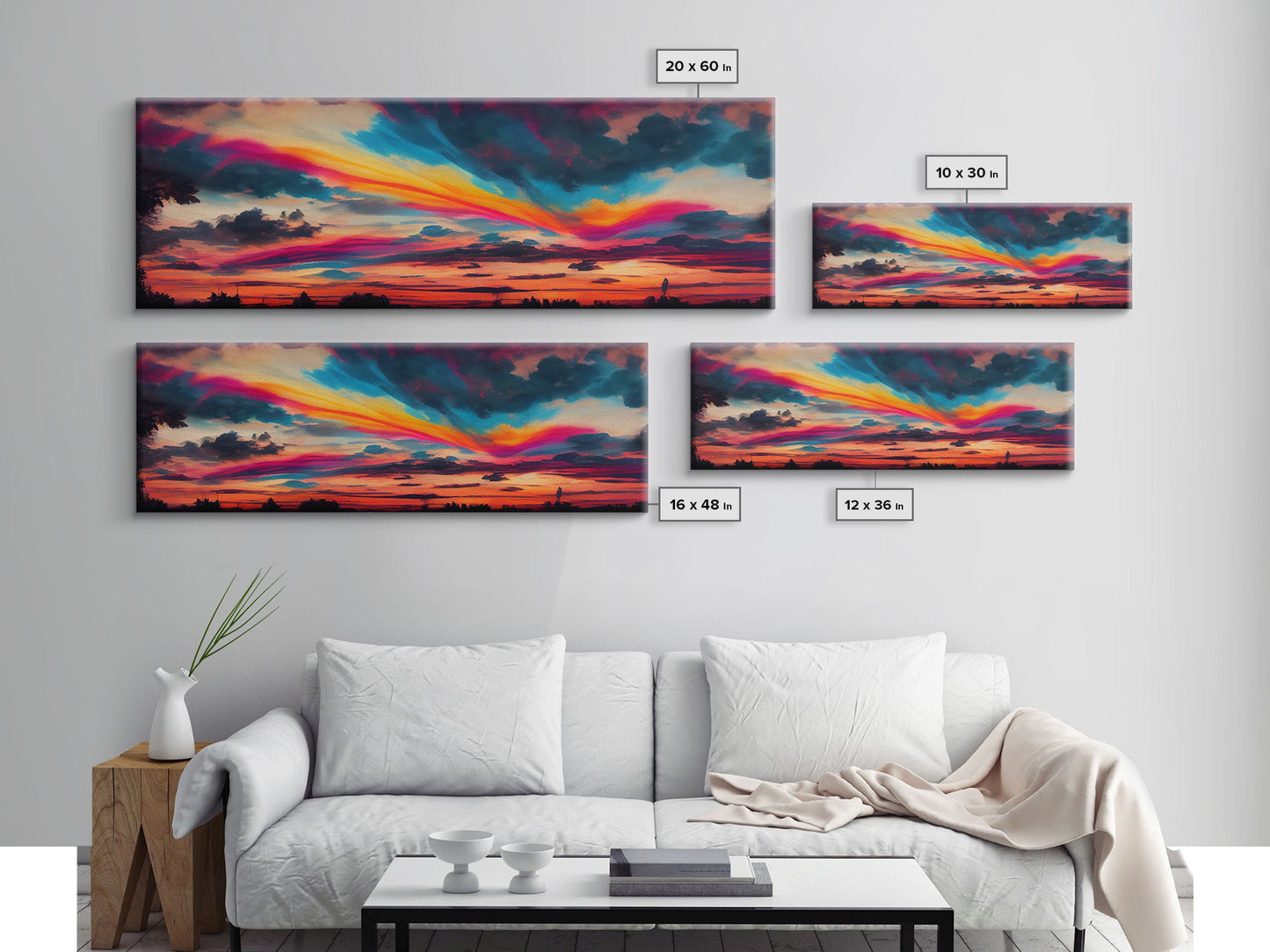Beautiful Panoramic Watercolor Sunset, Extra Large Wall Art, Framed Panoramic Canvas Print, Framed Wall Art