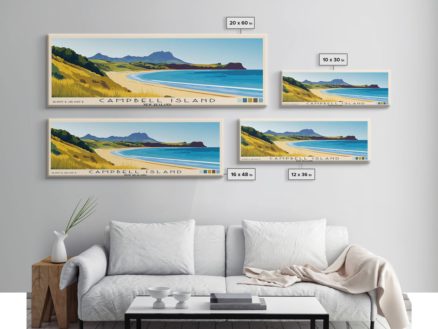Campbell Island, New Zealand Panoramic Print, Vacation Gift, New Zealand Wall Art, Beach Painting, Beach Decor, Large Wall Art, Wood Frame Art