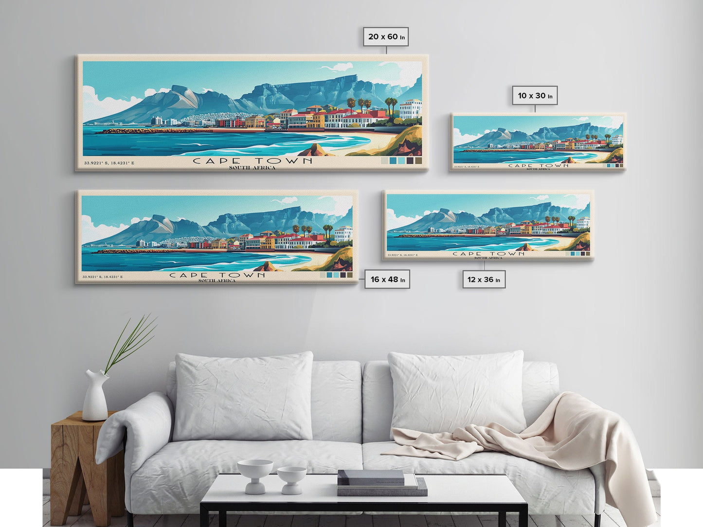 Cape Town, South Africa Panoramic Print, Vacation Gift, South Africa Wall Art, Beach Painting, Beach Decor, Large Wall Art, Wood Frame Art