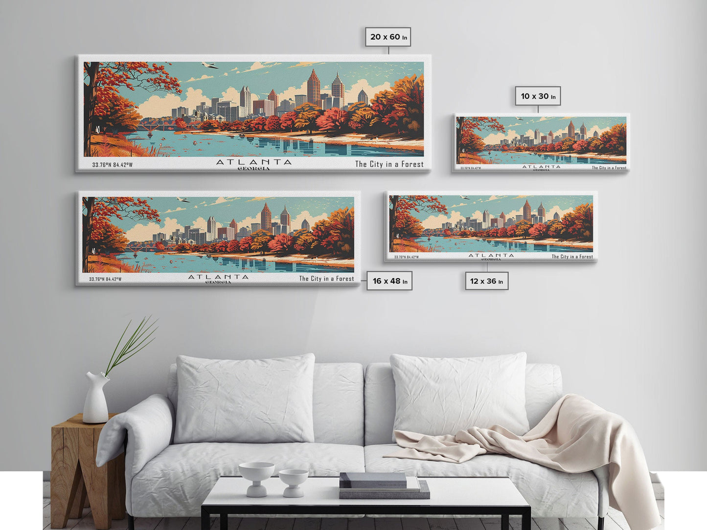 Atlanta Georgia Panoramic Painting, Mid Century Modern Framed Canvas Print, Retro Pop Art Travel Poster, Home Decor, City Wall Art