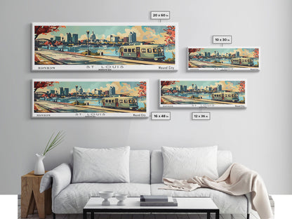 St. Louis Missouri Panoramic Painting, Mid Century Modern Framed Canvas Print, Retro Pop Art Travel Poster, Living Room Wall Art and Office Decor
