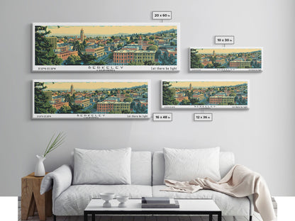 Berkeley California Panoramic Painting, Mid Century Modern Framed Canvas Print, Retro Pop Art Travel Poster, Home Decor, City Print