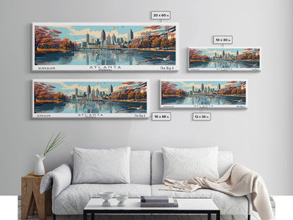 Atlanta Georgia Panoramic Painting, Framed Canvas Print, Mid Century Modern Wall Art, Retro Pop Art Travel Poster, Home Decor, City Art