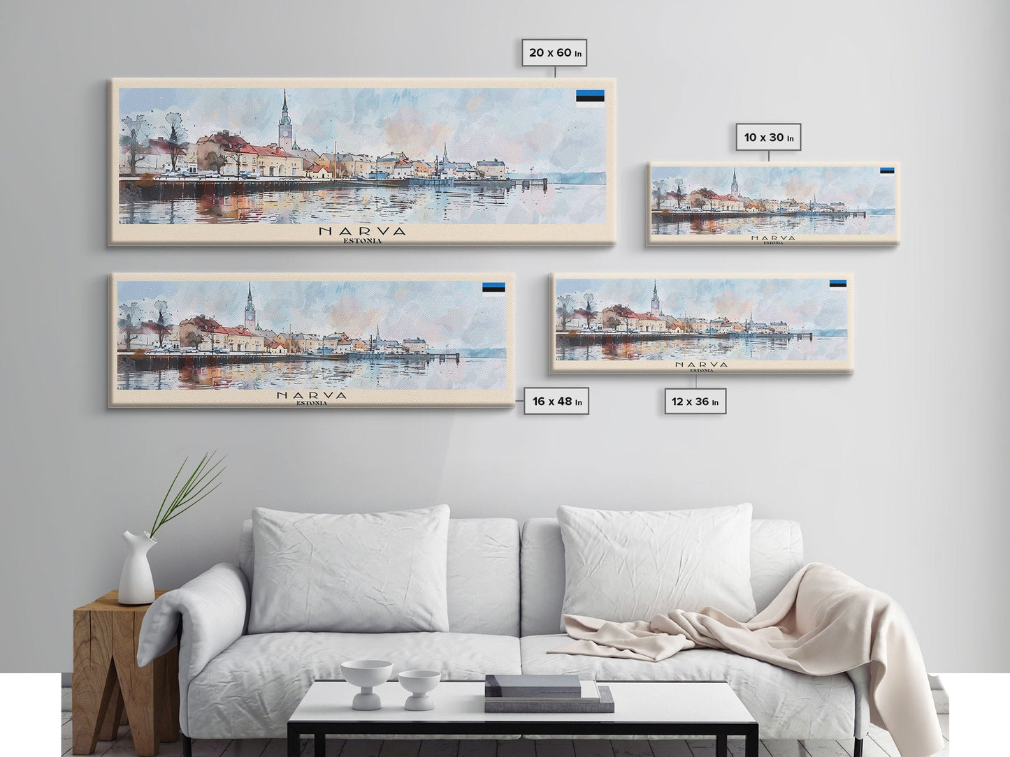 Narva, Estland – Panorama-Reiseposter, gerahmter Leinwanddruck oder Wandbild aus Metall, Reisekunst, Wohndekoration, Panoramagemälde, Kunst der Mitte des 20. Jahrhunderts