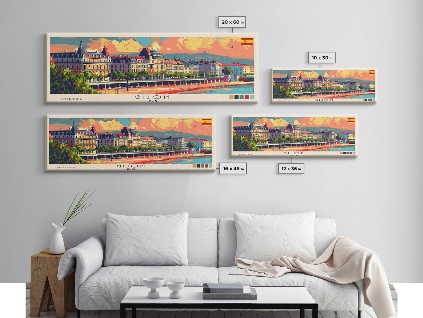 Gijón, Spanien – Kunstdruck für die Wand, Panorama-Stadtbild, Reisekunst, Wanddekoration, Urlaubsgeschenk, gerahmter Leinwanddruck oder Metallbild