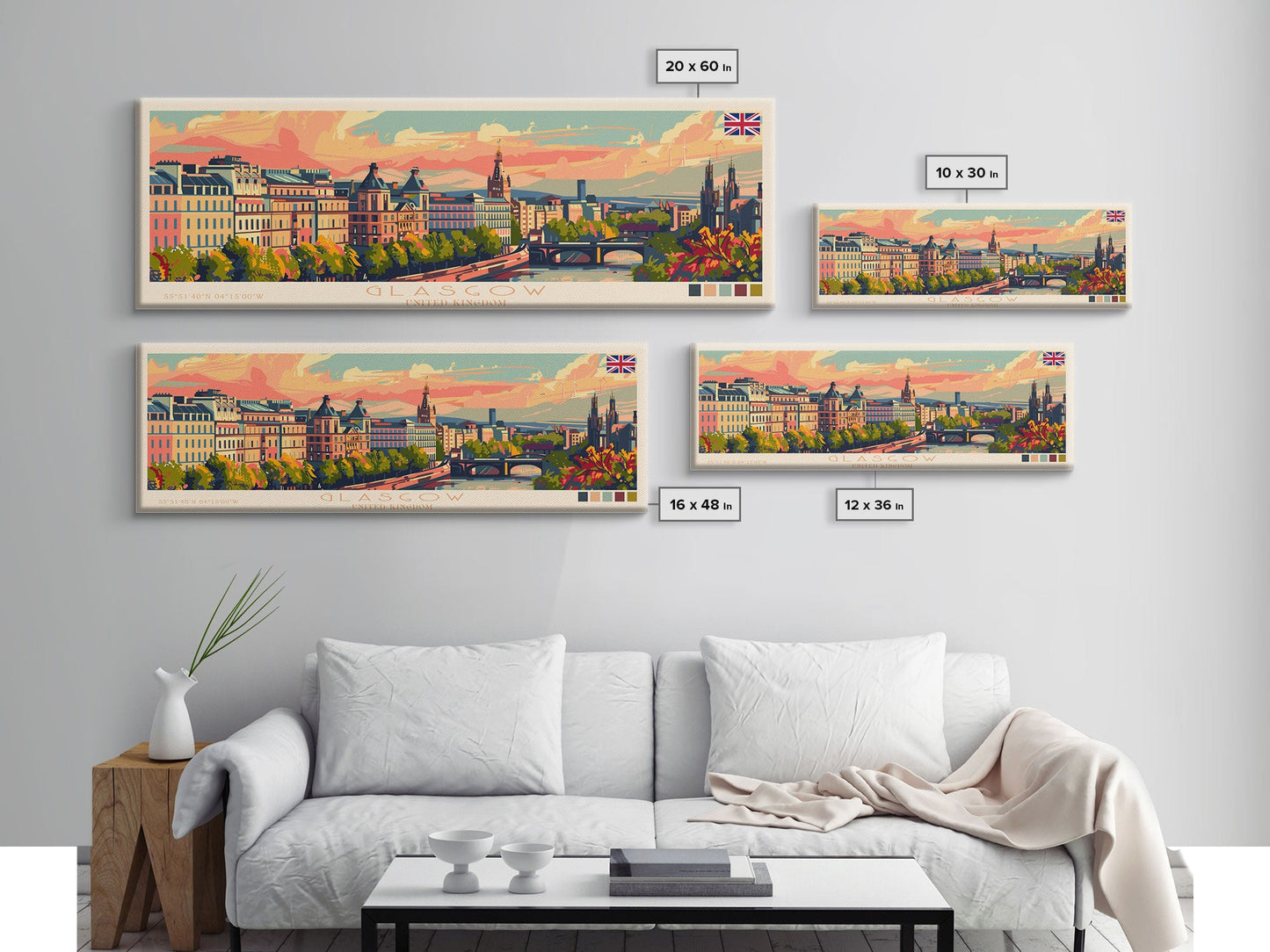 Glasgow, Vereinigtes Königreich – Reisekunst, Stadtkunst, gerahmter Leinwanddruck oder Wandbild aus Metall, Europa-Reiseposter, Panorama-Wandbild, extra breites Wandbild