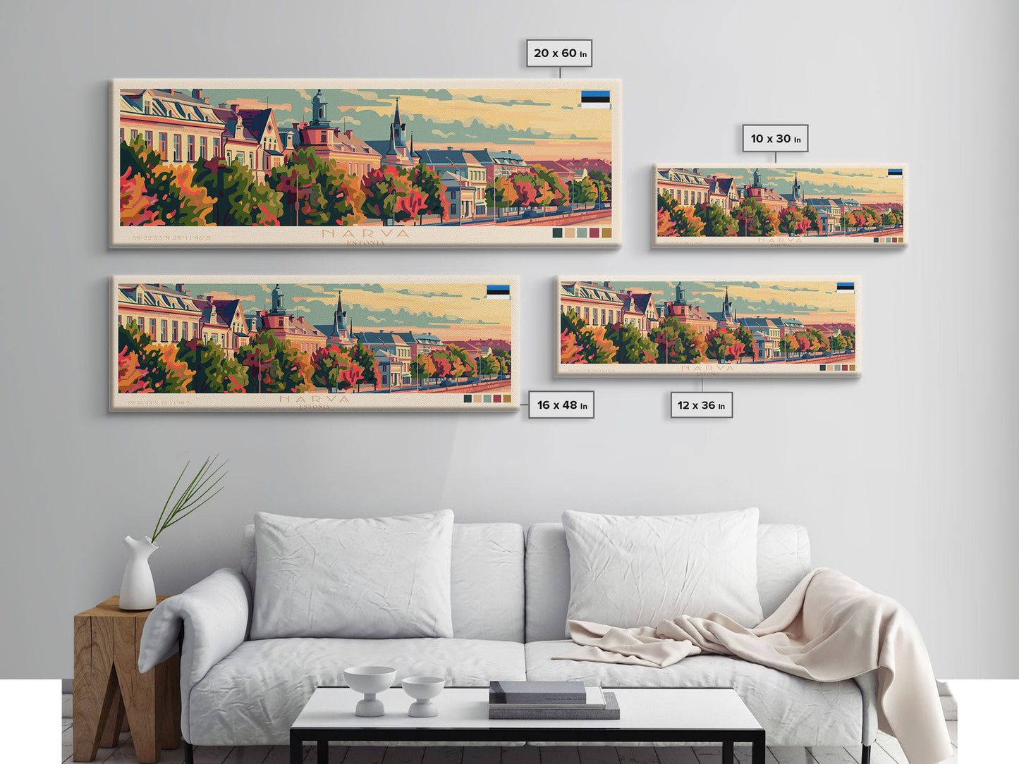 Narva, Estland – Panorama-Reiseposter, gerahmter Leinwanddruck oder Wandbild aus Metall, Reisekunst, Wohndekoration, Panoramagemälde, Kunst der Mitte des 20. Jahrhunderts