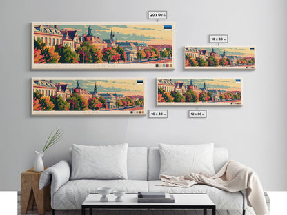 Narva, Estland – Panorama-Reiseposter, gerahmter Leinwanddruck oder Wandbild aus Metall, Reisekunst, Wohndekoration, Panoramagemälde, Kunst der Mitte des 20. Jahrhunderts