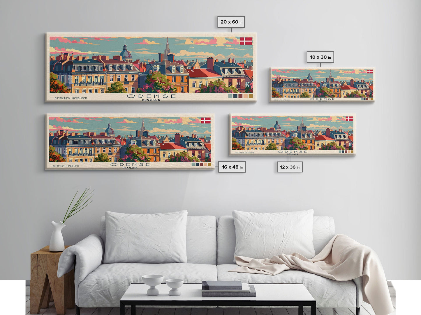 Odense, Dänemark – Wandbild, Panorama-Reiseposter, gerahmter Panorama-Leinwanddruck, Stadtbild, Wanddekoration, Reisekunst