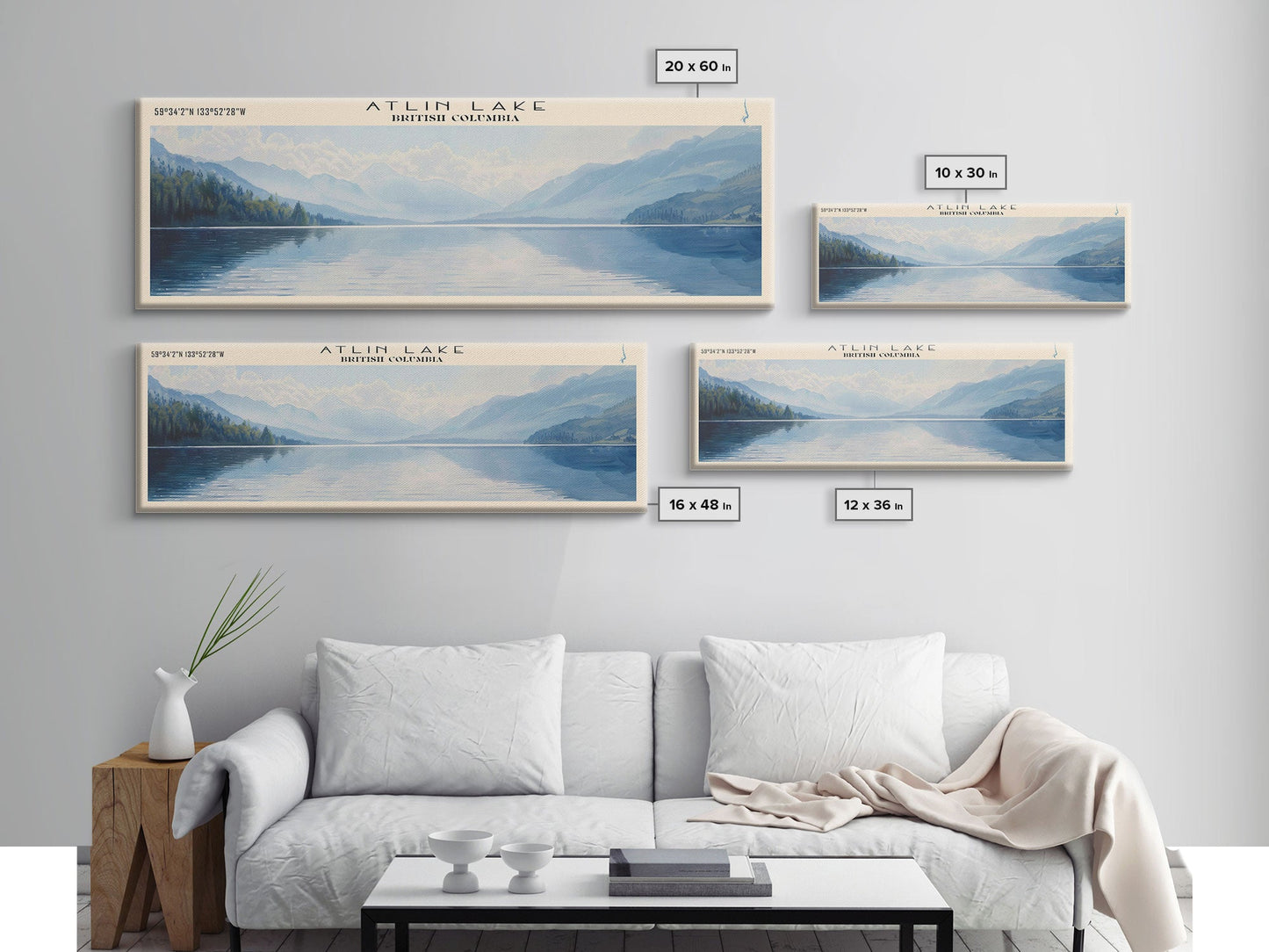 Atlin Lake Panoramic Framed Canvas Print, Lake House Decor, Minimalist Art, Travel Poster, Scenic View, Nature Wall Art