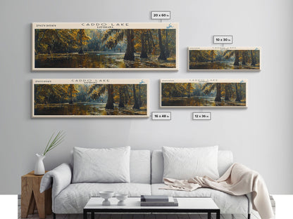 Caddo Lake Louisiana Framed Canvas Print, Lake House Decor, Panoramic Wall Art, Travel Poster, Rustic Lake Painting, Nature Art