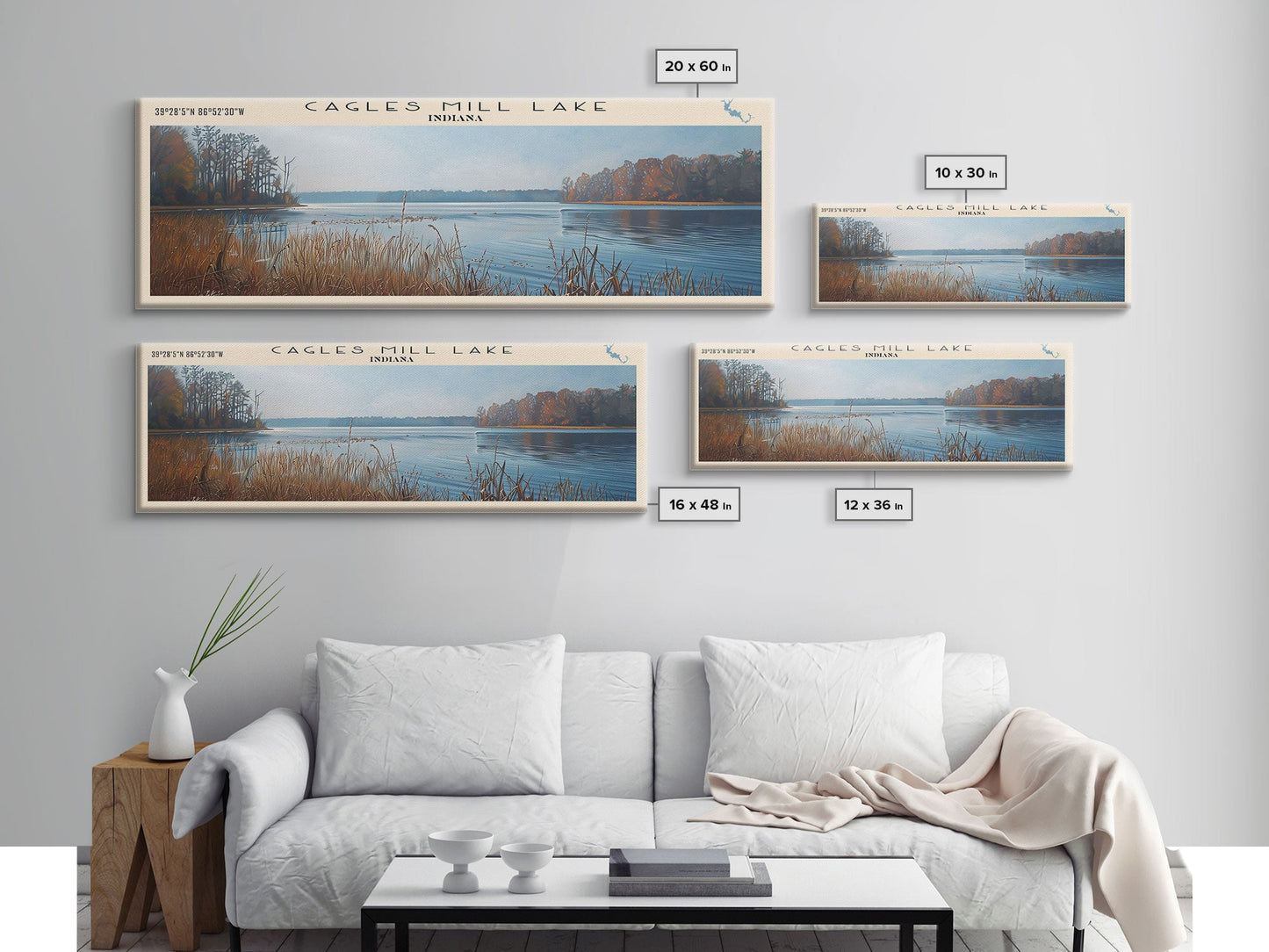 Cagles Mill Lake Indiana Framed Canvas Print, Lake House Art, Panoramic Travel Poster, Wall Art, Modern Lake Painting, Home Decor