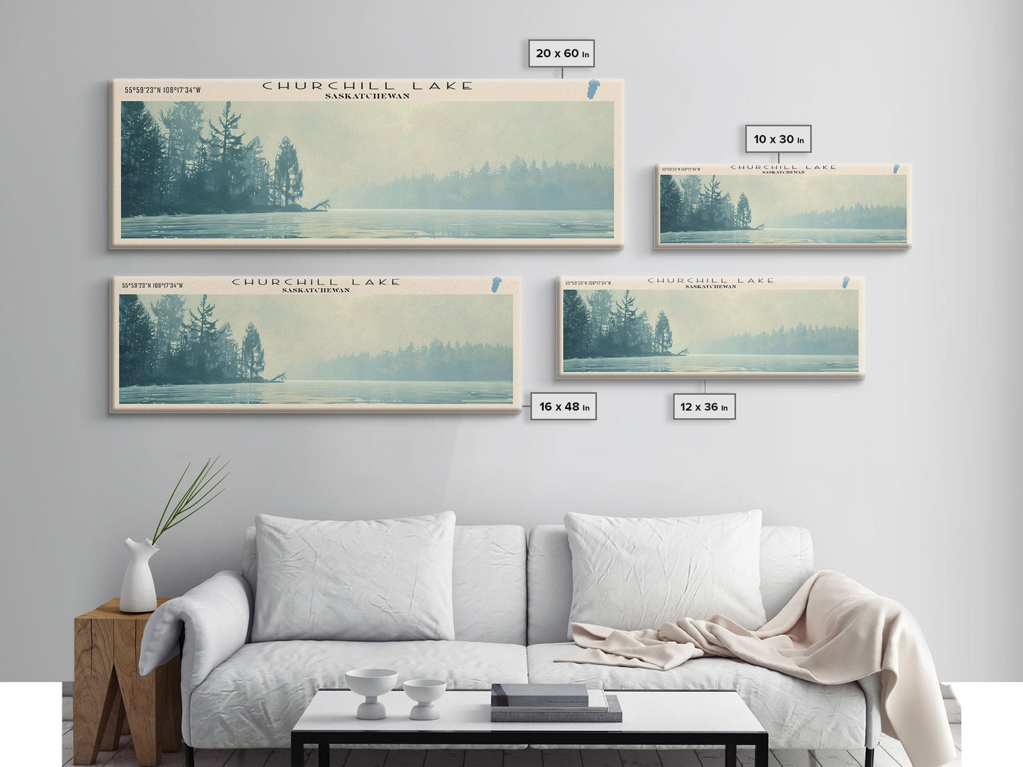 Churchill Lake Framed Canvas Print, Panoramic Lake House Decor, Wide Wall Art, Travel Poster, Modern Lake Painting, Nature Art