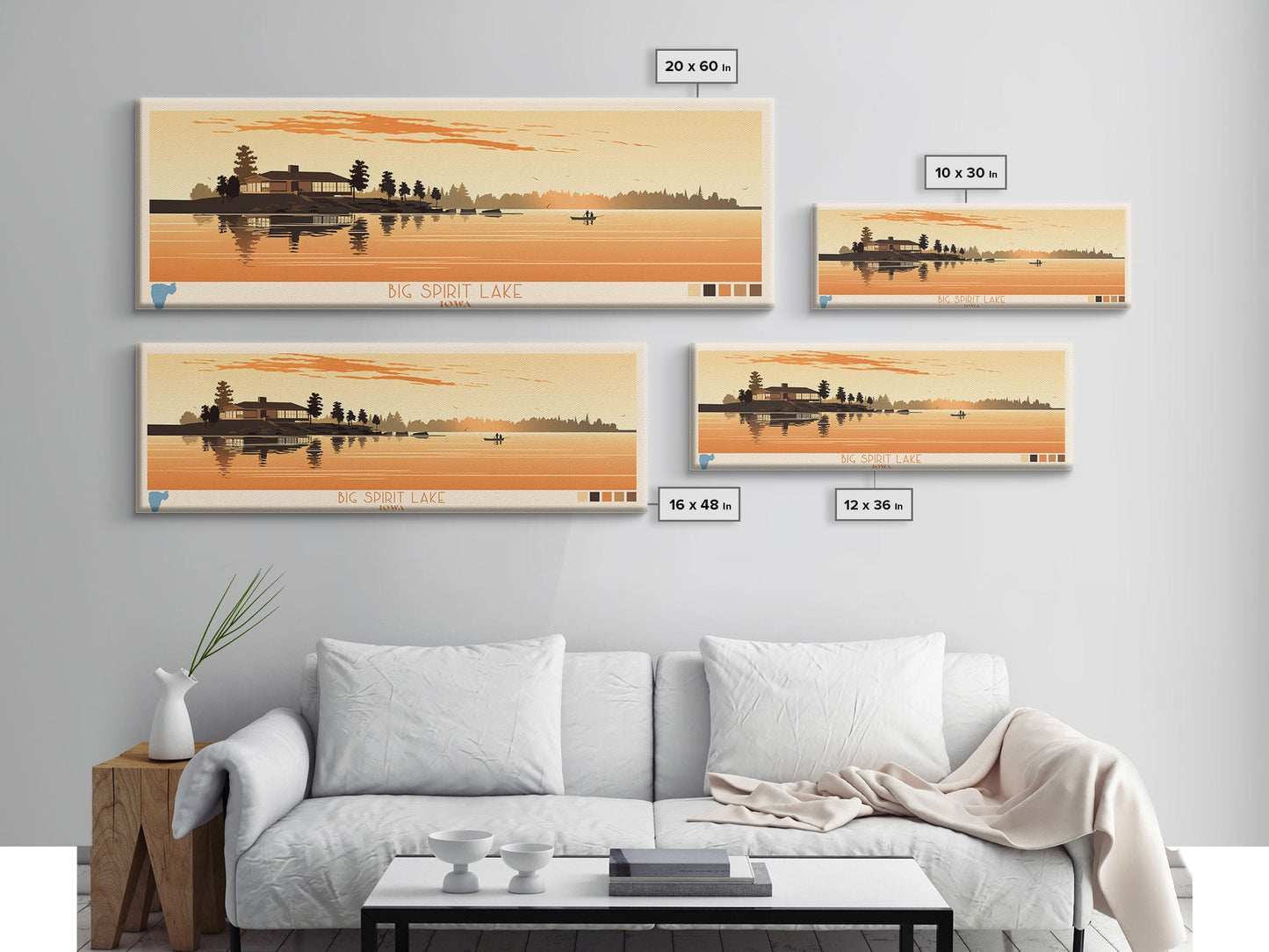 Big Spirit Lake Iowa Framed Canvas Print, Panoramic Wall Art, Midcentury Modern, Pop Art, Travel Poster, Scenic Lake House Art, Bedroom Decor