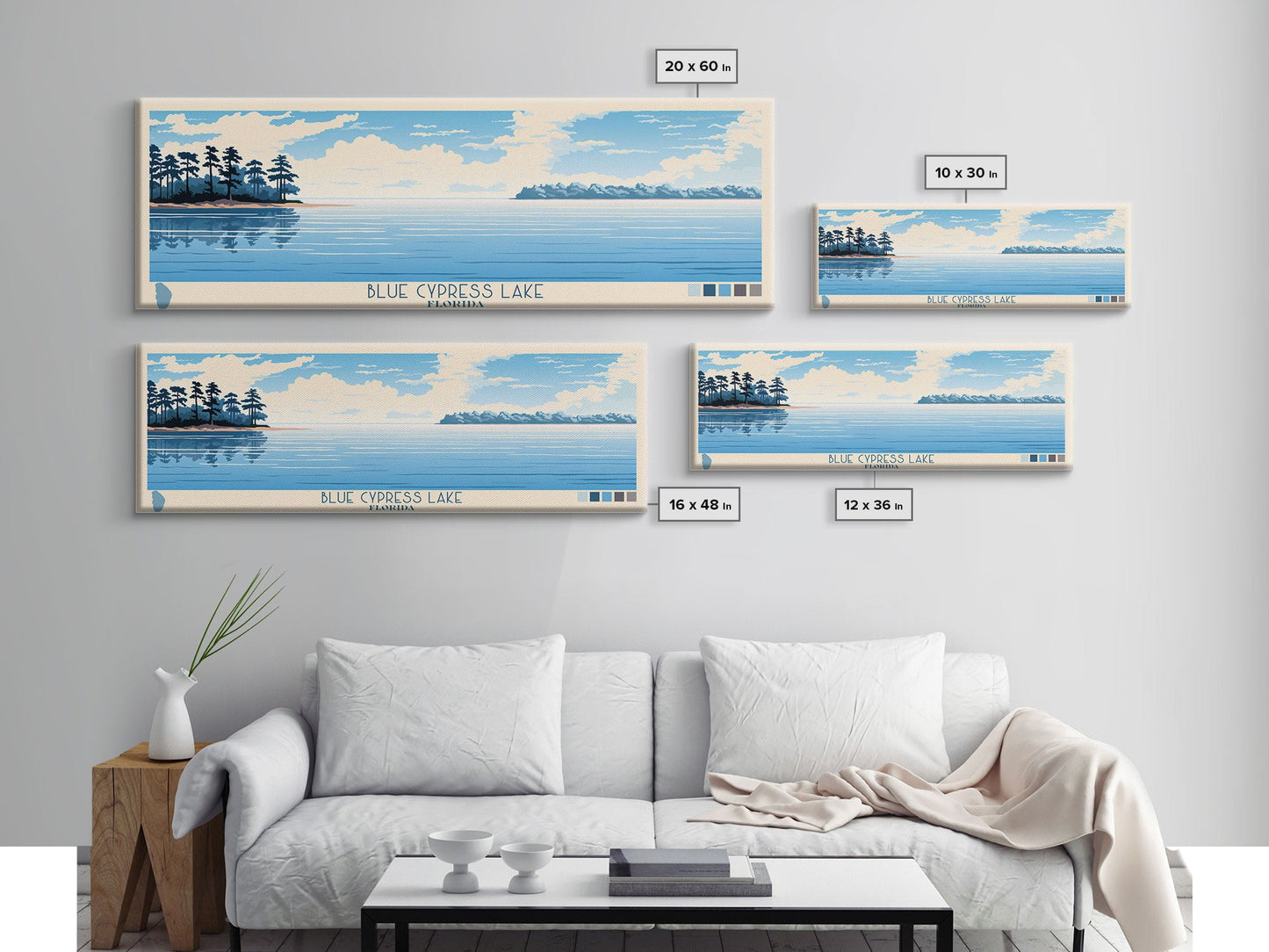 Blue Cypress Lake Florida Framed Canvas Print, Panoramic Wall Art, Midcentury Modern, Pop Art, Travel Poster, Scenic Living Room Art, Lake House Decor