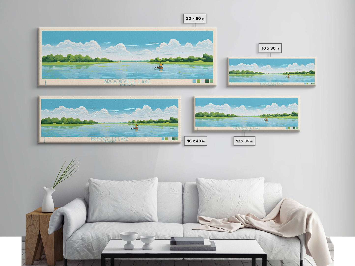 Brookville Lake Indiana Framed Canvas Print, Midcentury Modern Panoramic Wall Art, Living Room Decor, Pop Art, Travel Poster Art, Nature Painting