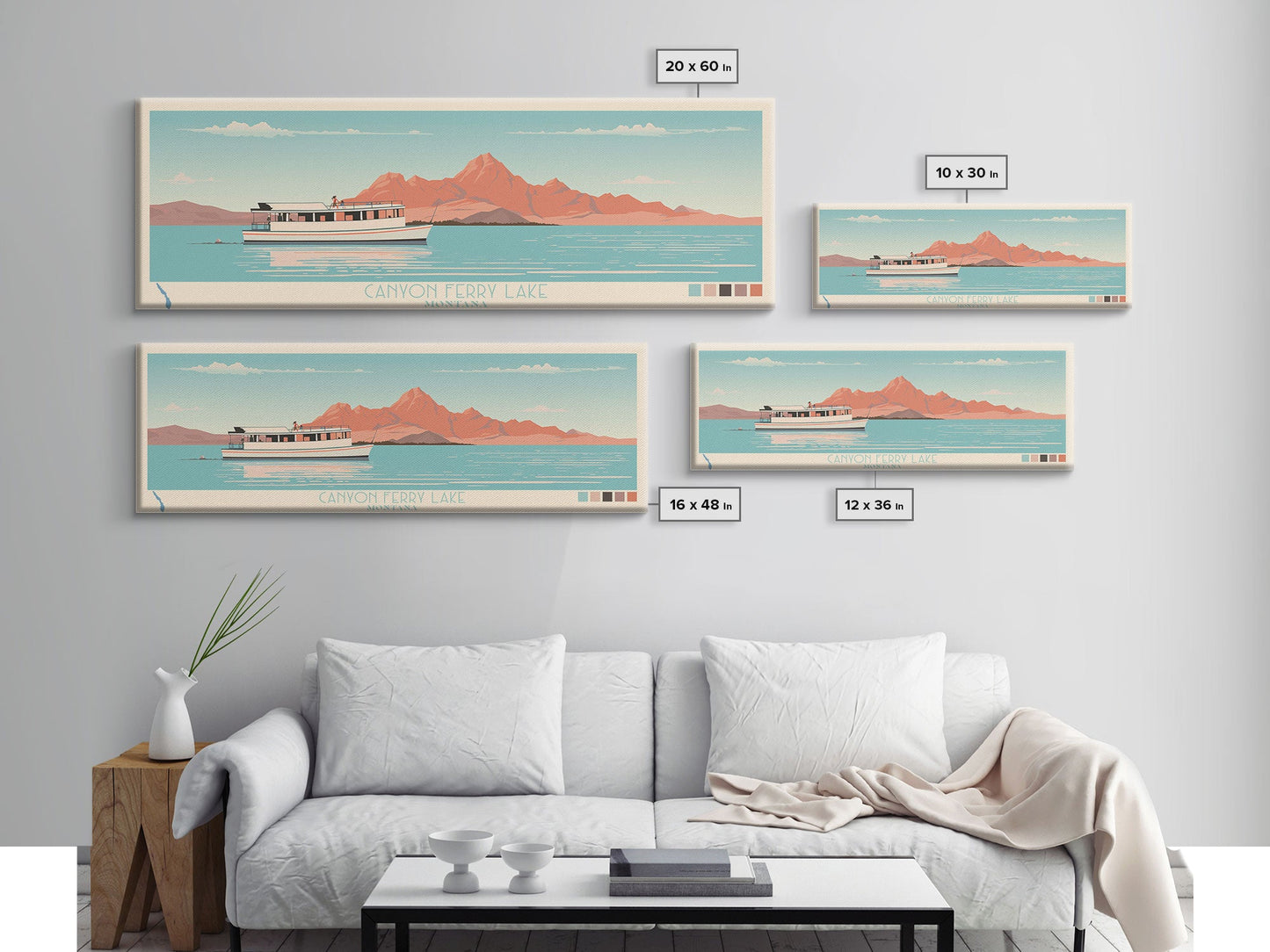 Canyon Ferry Lake Montana Framed Canvas Print, Pop Art Panoramic Travel Poster, Bedroom Decor, Midcentury Modern, Wall Art, Scenic Lake House, Nature Art