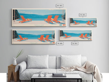 Cayuga Lake New York Framed Canvas Print, Pop Art Panoramic Travel Poster, Midcentury Modern, Wall Art, Scenic Nature Painting, Bedroom Decor, Living Room Art