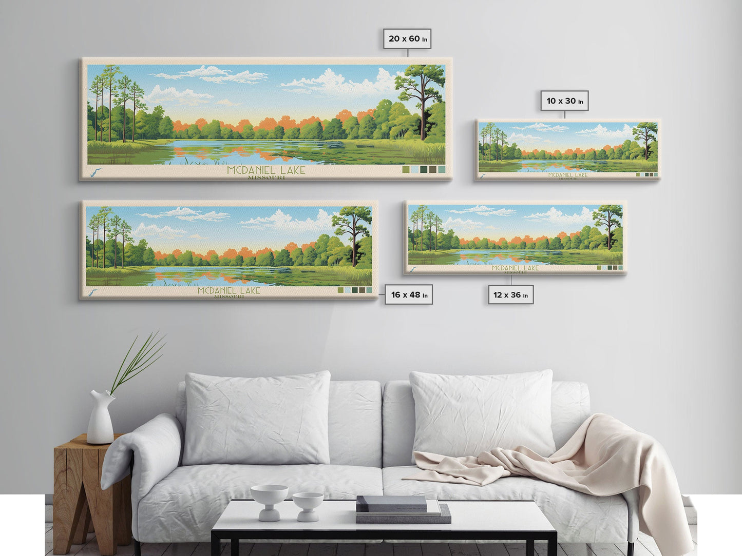 McDaniel Lake, Missouri Panoramic Wall Art Framed Canvas Print, Midcentury Modern, Pop Art, Home Decor, Travel Poster, Living Room Art