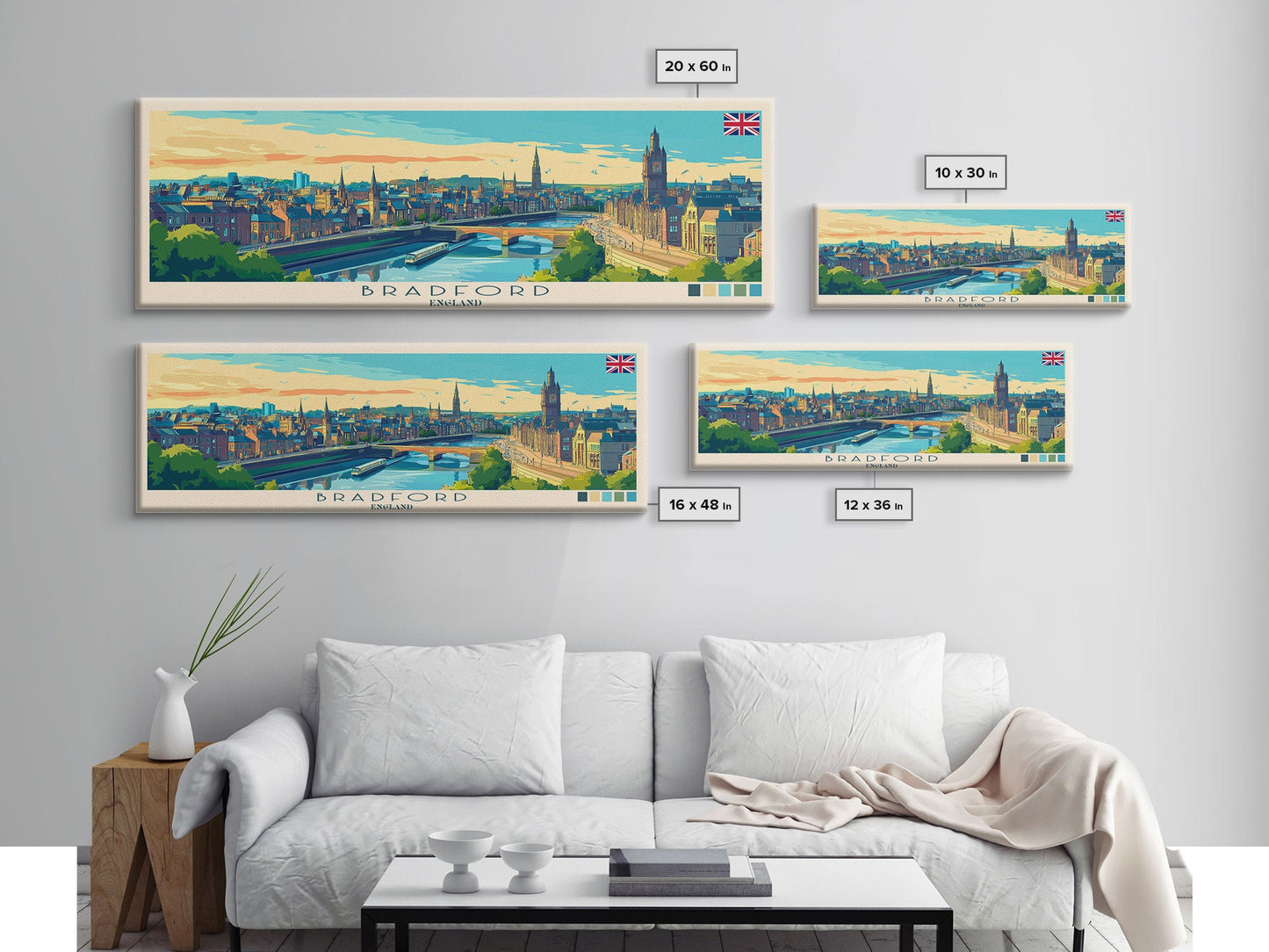 Bradford, England Panoramic Travel Poster Canvas Print, Bradford, England Painting, England Art, Bradford Travel Art, Guest Room Painting