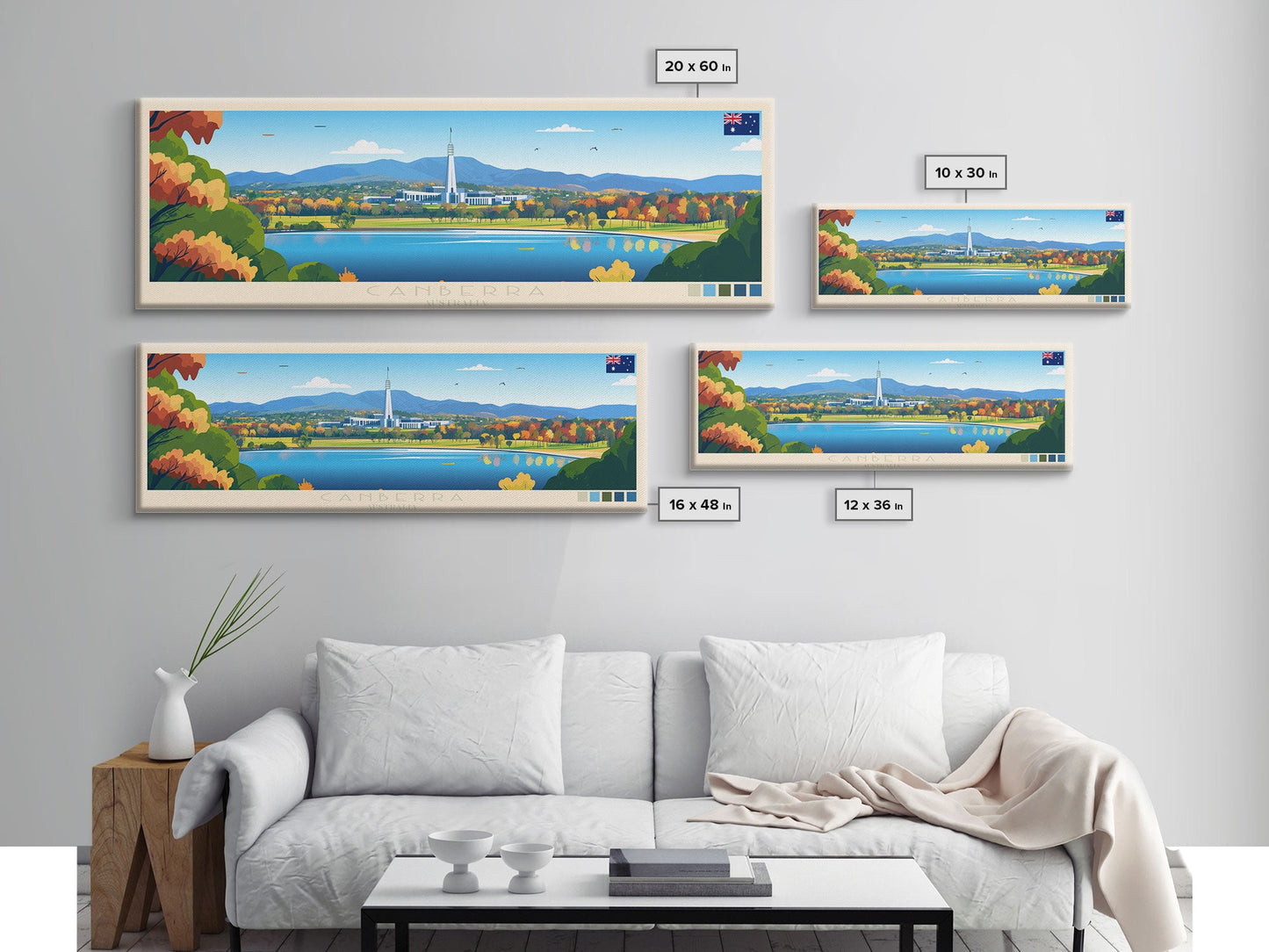 Canberra, Australia Panoramic Travel Poster Canvas Print, Canberra, Australia Painting, Australia Art, Canberra Travel Art, Guest Room Painting