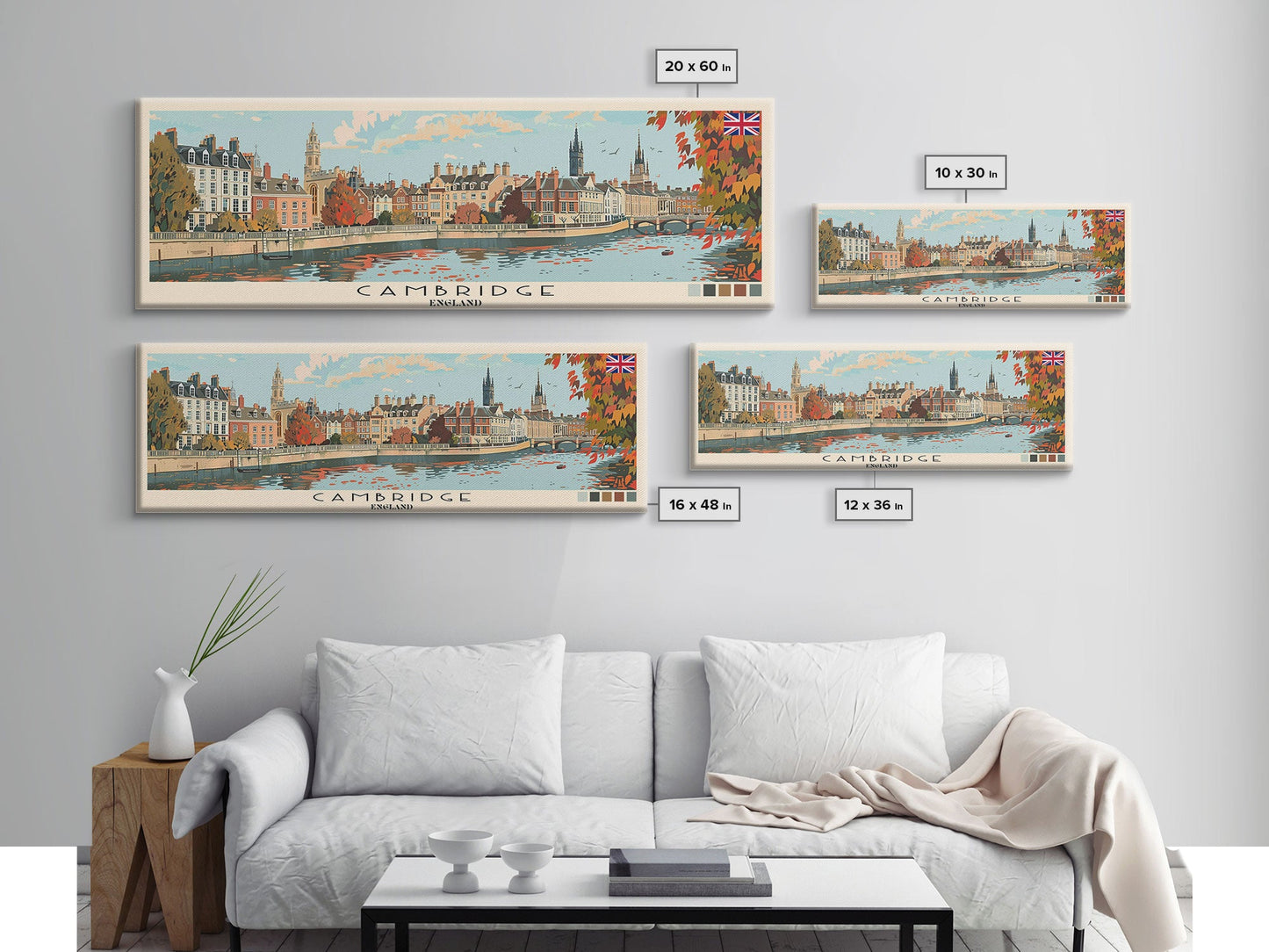 Cambridge, England Panoramic Canvas Print, Cambridge, England Painting, England Art, Cambridge Travel Poster, Travel Art, Living Room Painting