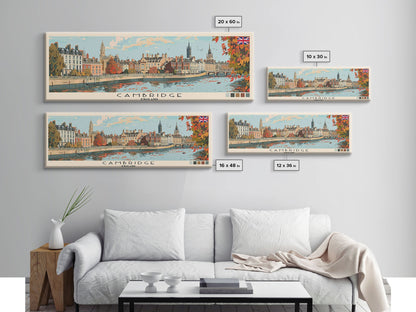 Cambridge, England Panoramic Canvas Print, Cambridge, England Painting, England Art, Cambridge Travel Poster, Travel Art, Living Room Painting