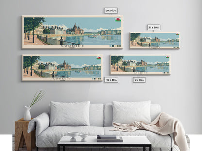 Cardiff, Wales Panoramic Canvas Print, Cardiff, Wales Painting, Wales Art, Cardiff Travel Poster, Travel Art, Guest Room Painting