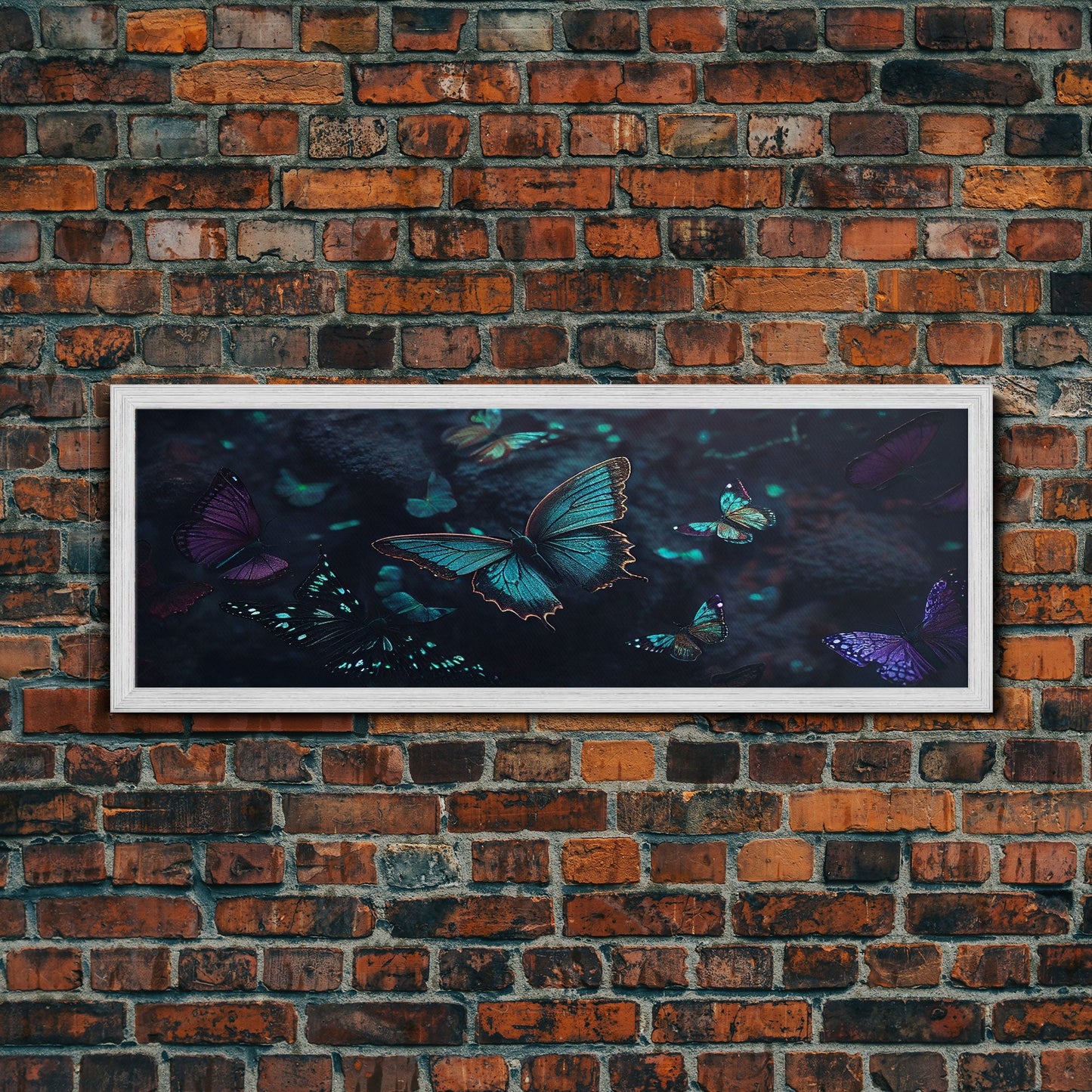 Blue Butterflies, Framed Canvas Print, Bioluminescent Glowing Butterfly Art, Framed Wall Art
