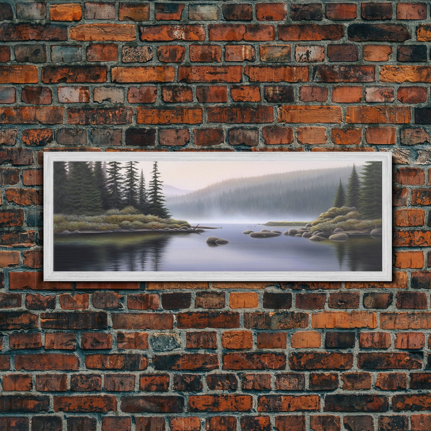 Colored Pencil Landscape Wall Art Print, Riverbank, River, Trees, Mountain, Nature Large Canvas Art Print, Panoramic, Wall Art, Canvas Print