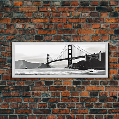 Black And White Suspension Bridge Canvas Print, Large Urban Art Print, Sailboat, River, Landscape, Panoramic, Wall Art, Canvas Print