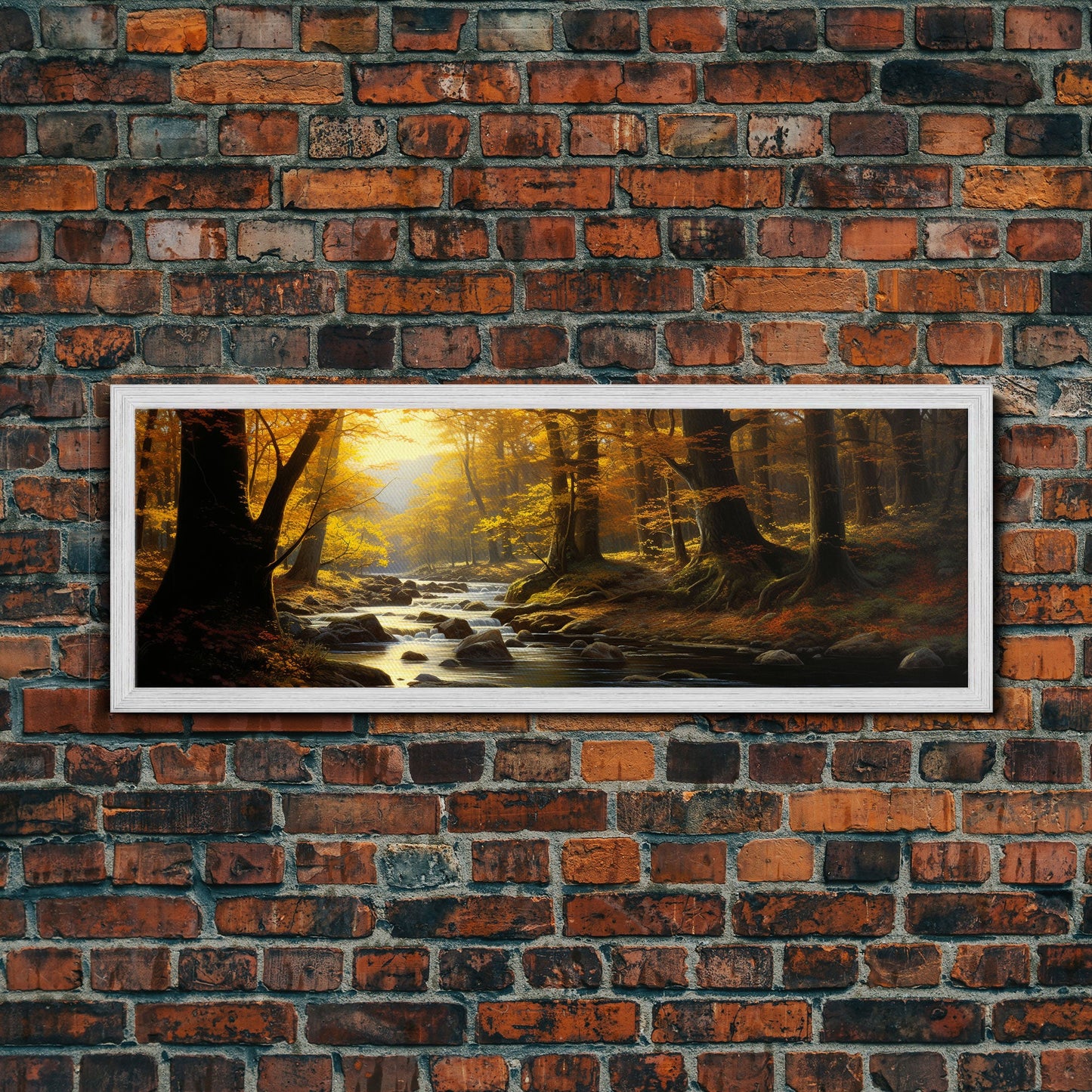 The Forest In The Autumn, Fall Centerpiece, Panoramic Painting Framed Canvas Print, Fall Decor, Orange Leaves Falling In The Forest