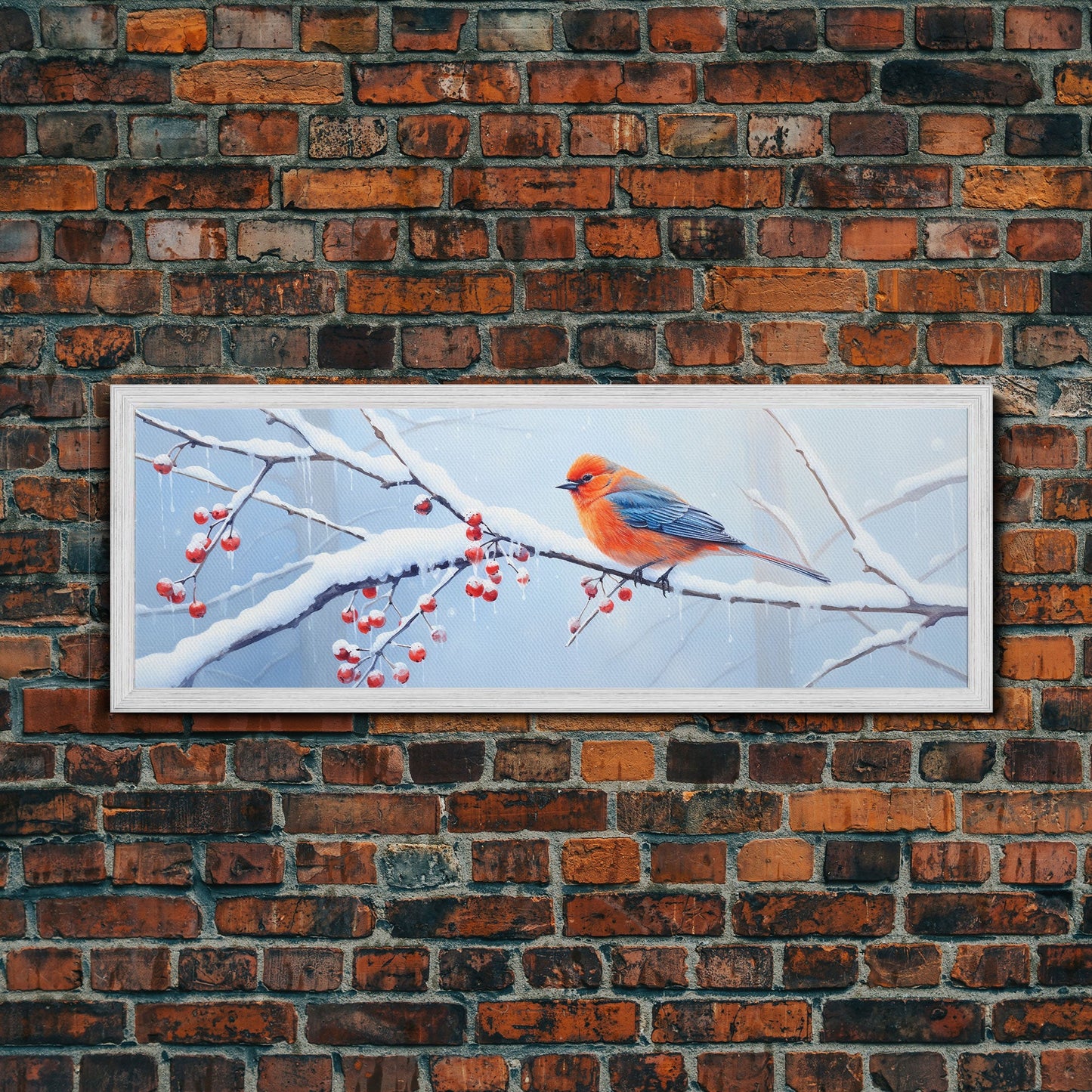 Panoramic Print of a Bluebird In A Snow Storm, Winter Decor, Christmas Centerpiece, Beautiful Animal Print, Animal Painting, Canvas Print