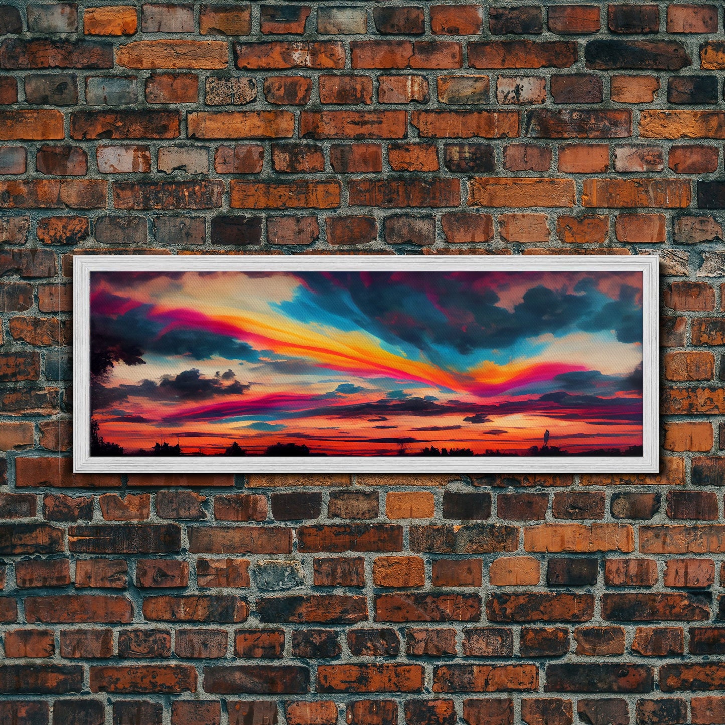 Beautiful Panoramic Watercolor Sunset, Extra Large Wall Art, Framed Panoramic Canvas Print, Framed Wall Art