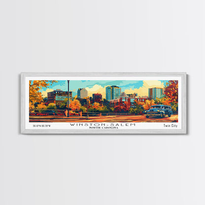 Winston-Salem North Carolina Panoramic Wall Art, Retro Pop Art Framed Canvas Print, Mid Century Modern Travel Poster, Wall Hanging