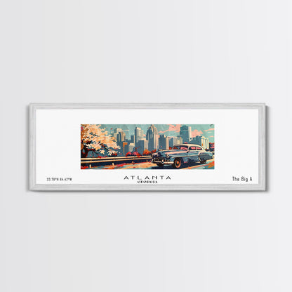 Atlanta Georgia Panoramic Painting, Mid Century Modern Framed Canvas Print, Retro Pop Art Travel Poster, Wall Decor, Gift Idea, Home Decor