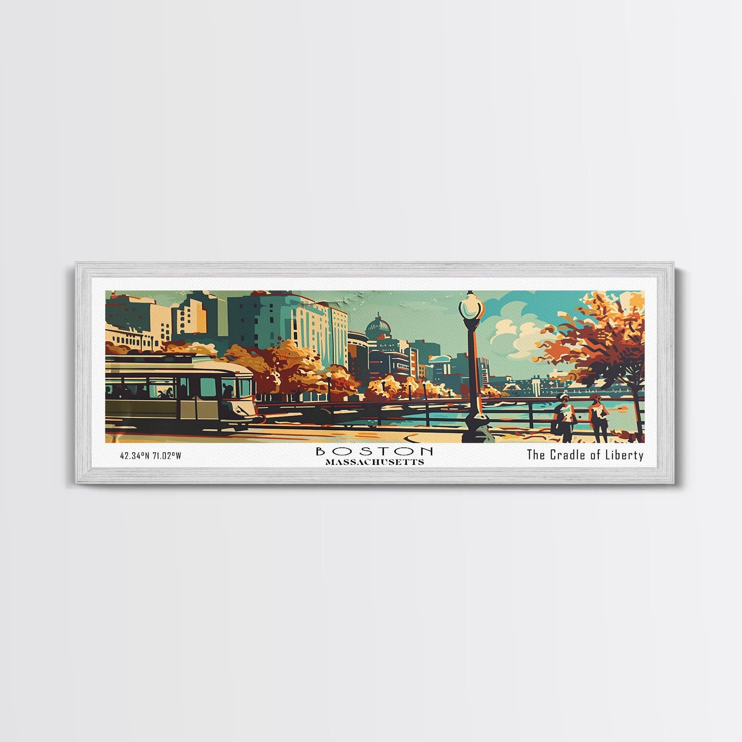 Boston Massachusetts Panoramic Wall Art, Mid Century Modern Framed Canvas Print, Retro Pop Art Travel Poster, Office Art, Living Room Decor