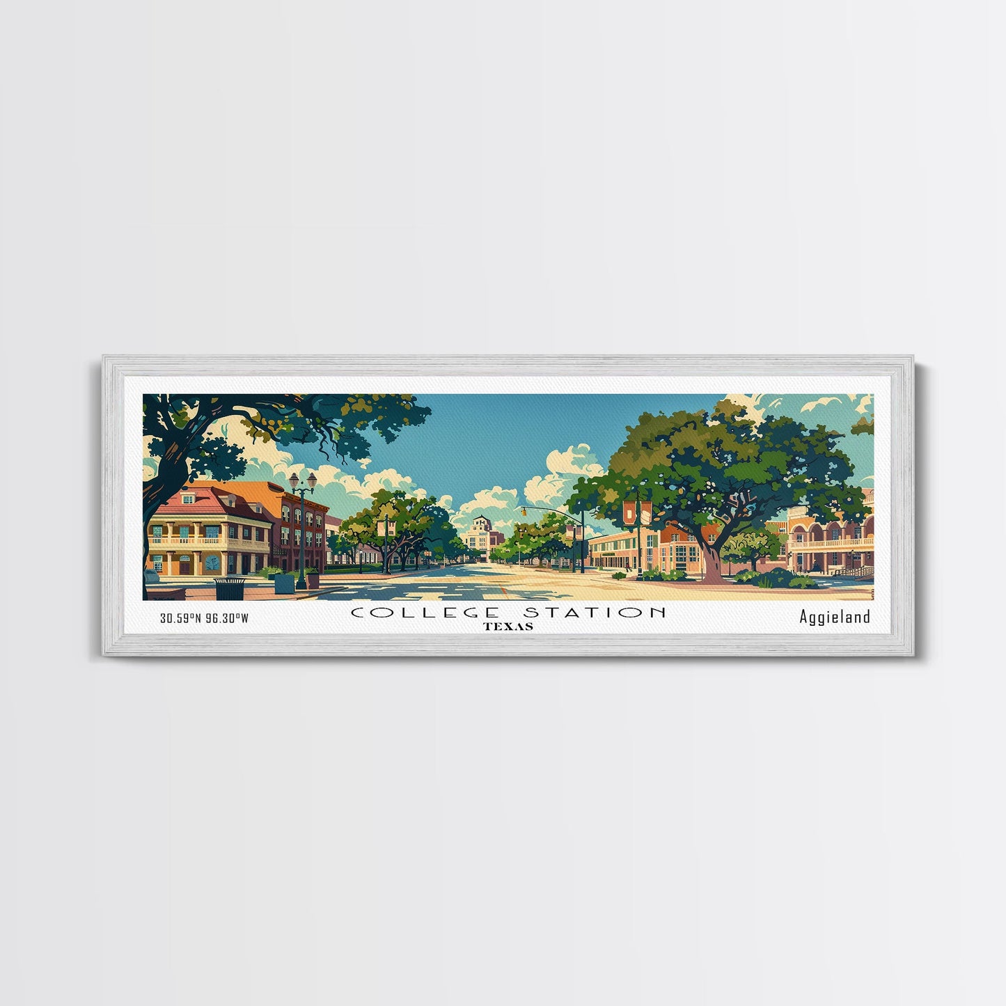 College Station Texas Panoramic Painting, Mid Century Modern Framed Canvas Print, Retro Pop Art Travel Poster, Living Room Art, Home Decor