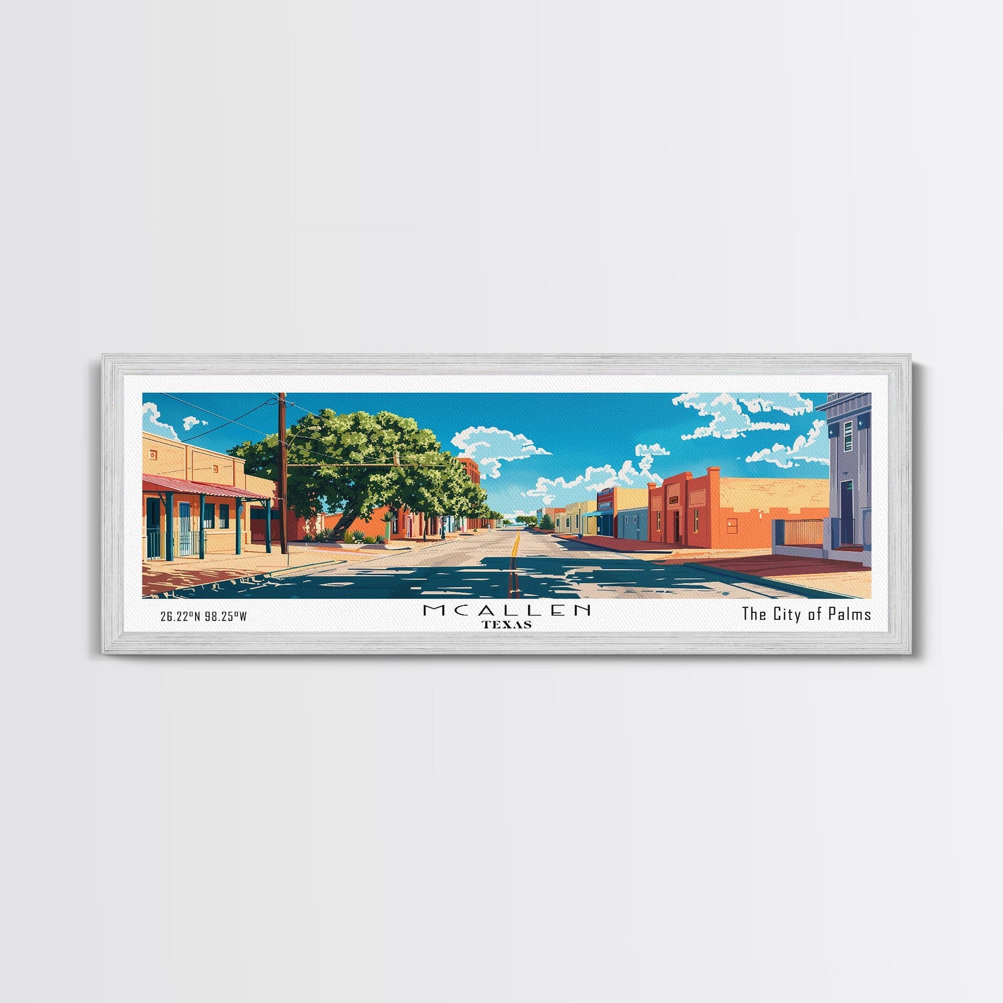McAllen Texas Panoramic Wall Art, Mid Century Modern Framed Canvas Print, Retro Pop Art Travel Poster, Home Wall Art
