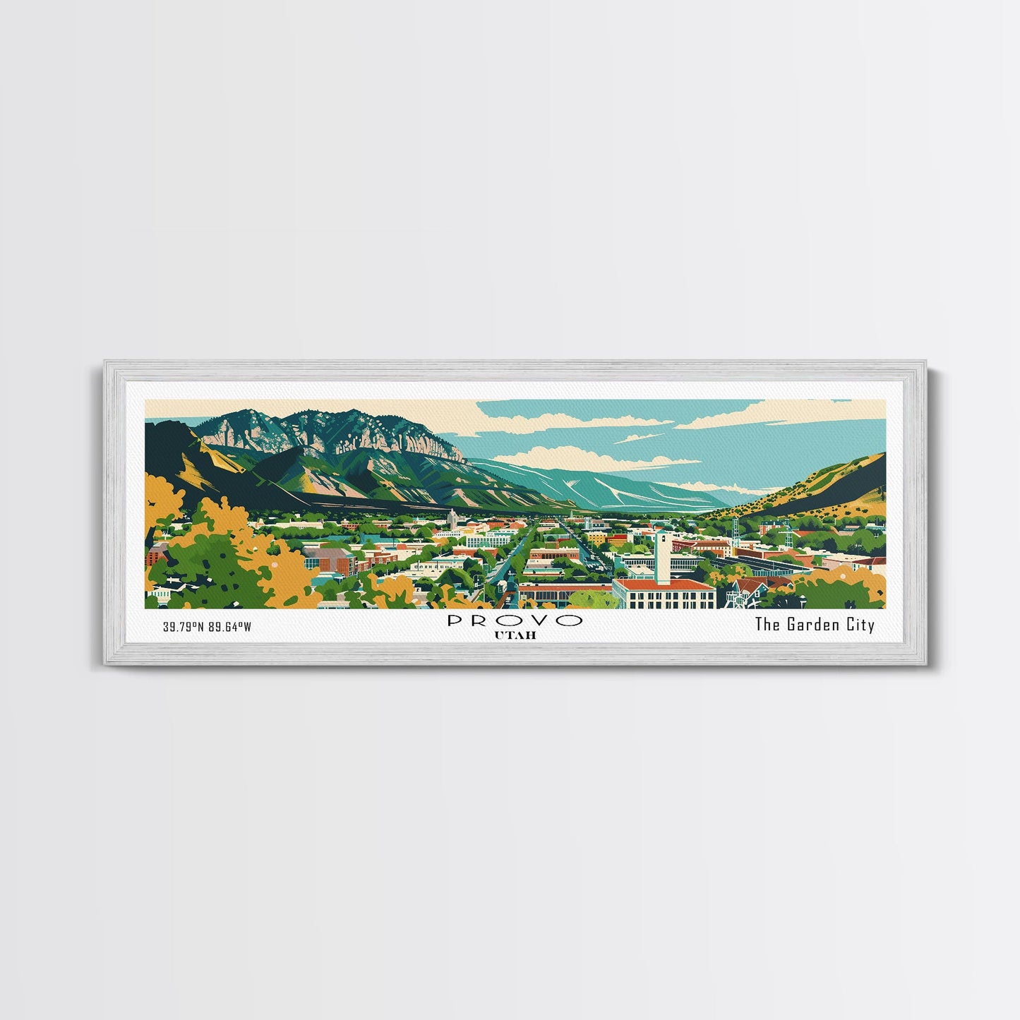 Panoramagemälde von Provo, Utah, gerahmter Leinwanddruck im Mid-Century-Modern-Stil, Retro-Pop-Art-Reiseposter, Stadtbild, Wanddekoration fürs Büro, Wohnzimmerbild