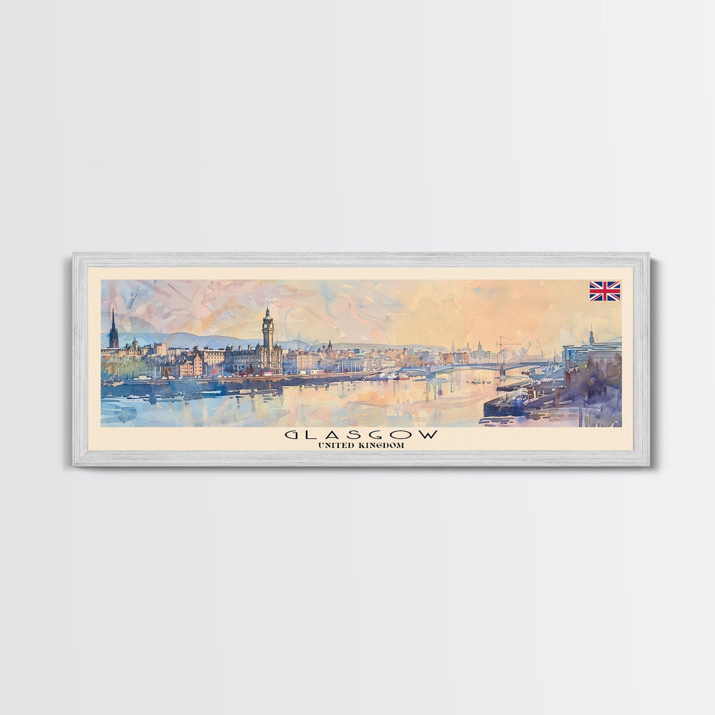 Glasgow, Vereinigtes Königreich – Reisekunst, Stadtkunst, gerahmter Leinwanddruck oder Wandbild aus Metall, Europa-Reiseposter, Panorama-Wandbild, extra breites Wandbild