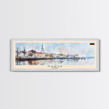 Narva, Estland – Panorama-Reiseposter, gerahmter Leinwanddruck oder Wandbild aus Metall, Reisekunst, Wohndekoration, Panoramagemälde, Kunst der Mitte des 20. Jahrhunderts