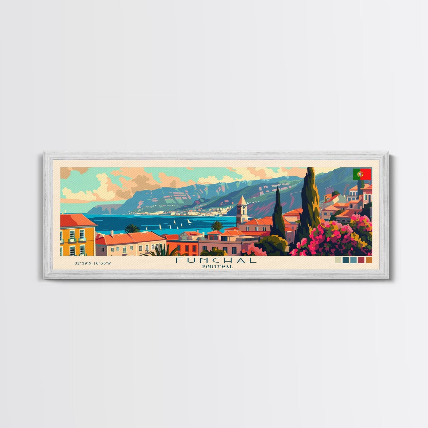 Funchal Portugal Travel Print Wall Art, Panoramic City Art, Travel Art, Wall Decor, Vacation Gift, Framed Canvas Print Or Metal Art