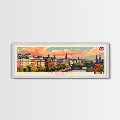 Glasgow, Vereinigtes Königreich – Reisekunst, Stadtkunst, gerahmter Leinwanddruck oder Wandbild aus Metall, Europa-Reiseposter, Panorama-Wandbild, extra breites Wandbild