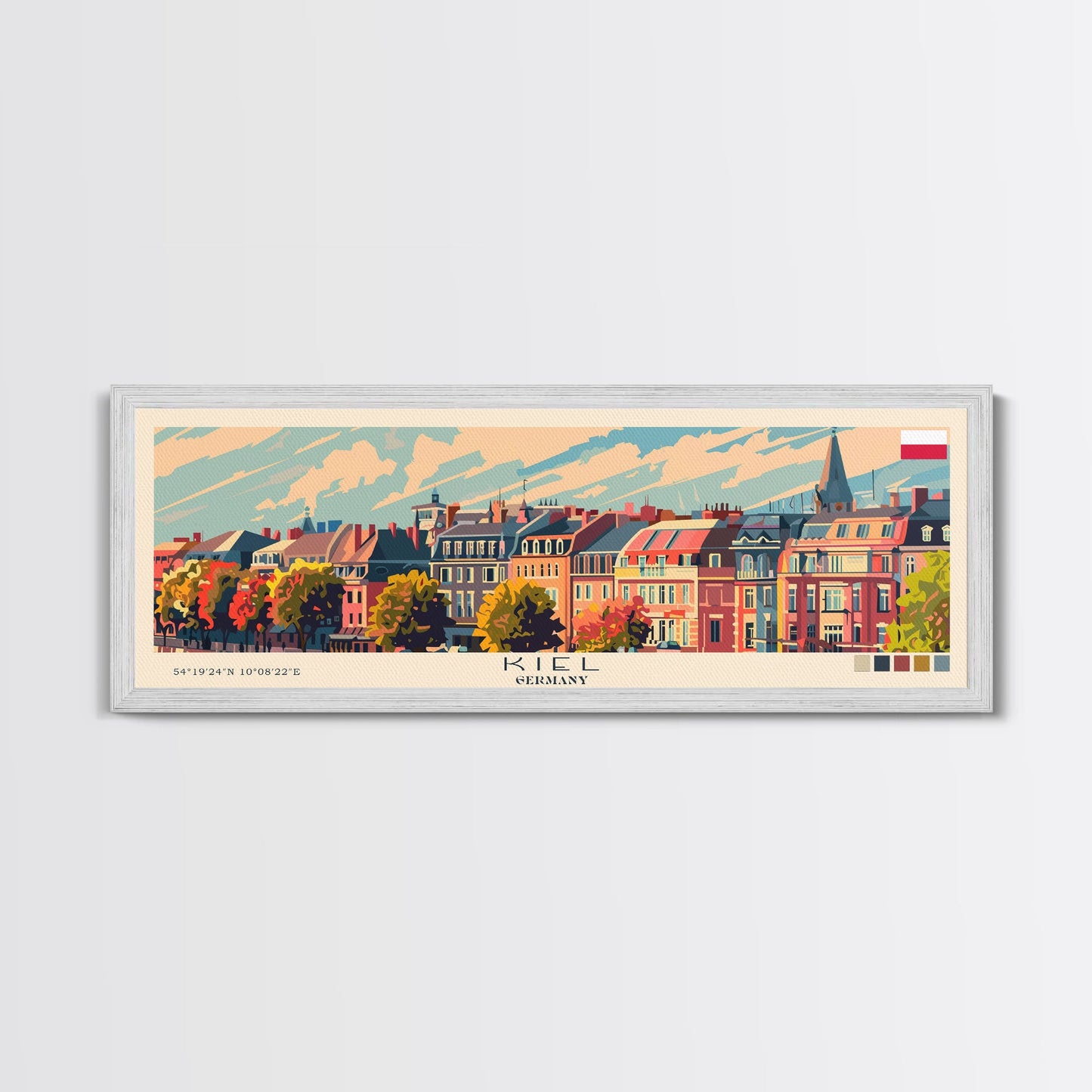 Kiel Germany Panoramic Travel Poster, Framed Canvas Print or Metal Wall Art, Travel Art, Home Decor, Panoramic Painting, Midcentury Art