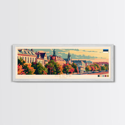 Narva, Estland – Panorama-Reiseposter, gerahmter Leinwanddruck oder Wandbild aus Metall, Reisekunst, Wohndekoration, Panoramagemälde, Kunst der Mitte des 20. Jahrhunderts